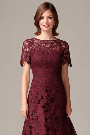 Burgundy Sheath Lace Short Sleeves Midi Mother of the Bride Dress